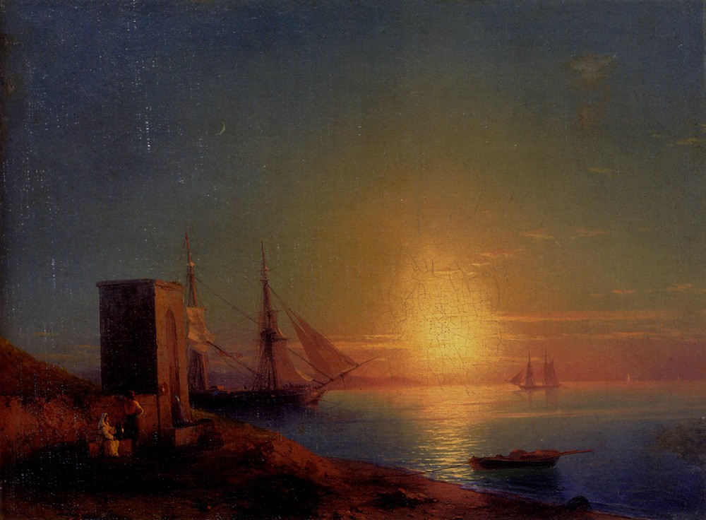 Ivan Constantinovich Aivazovsky Figures In A Coastal Landscape At Sunset